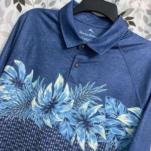 Tommy Bahama Polo Shirt Mens XL Blue IslandZone UPF 30 Floral Stretch Golf
